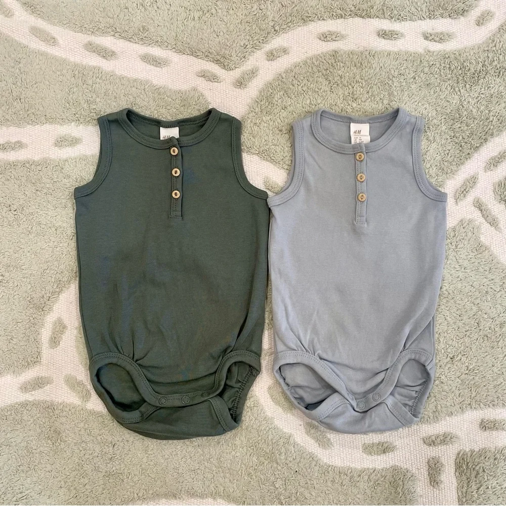 Bundle of Two H&M Baby Exclusive Organic Henley Tank Onesies in Green + Blue